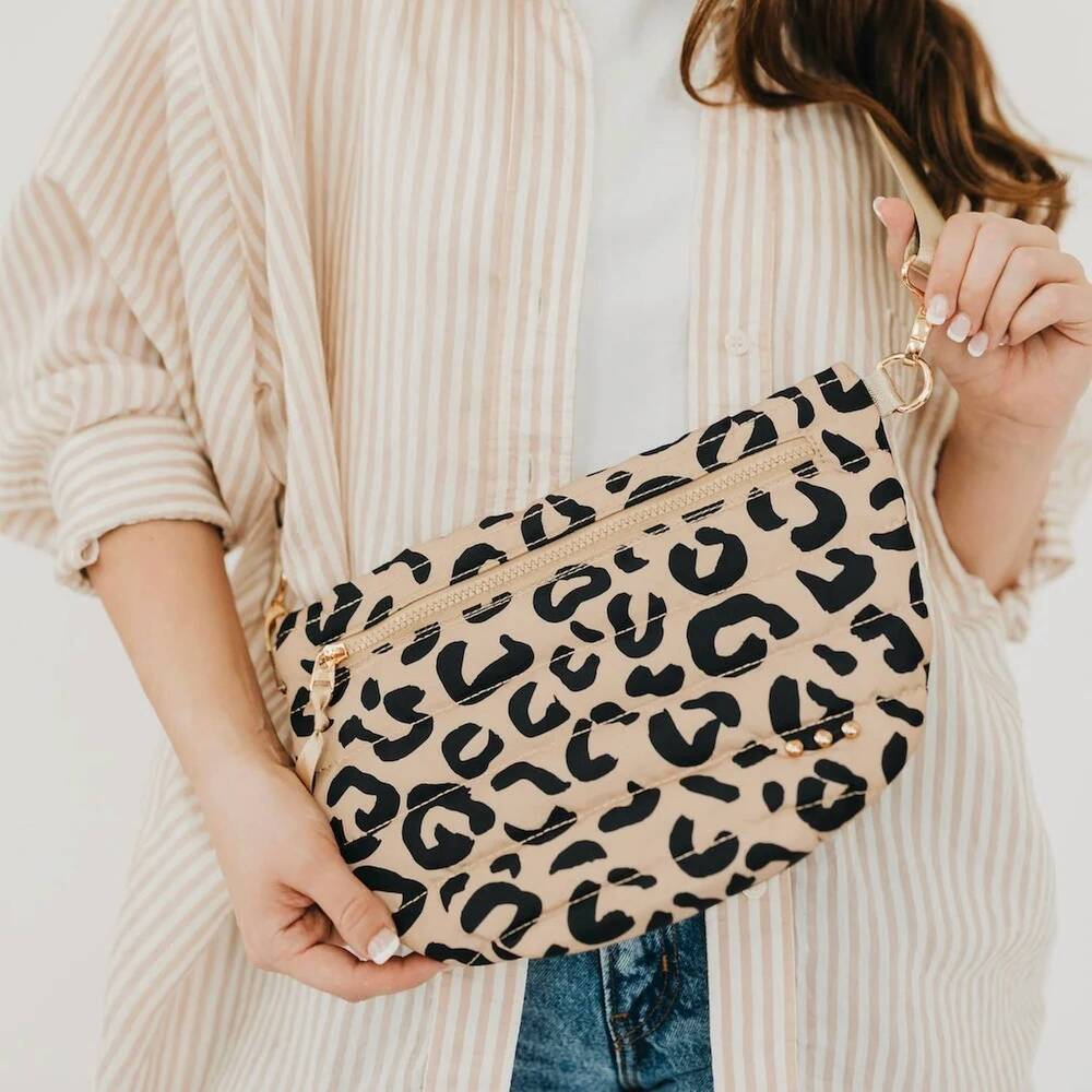 NEW PRETTY SIMPLE women's quilted half moon crossbody bag in leopard